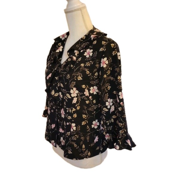 Y2K Ruffle Blouse Shirt 8P Black Floral Button Front Whimsigoth Cottagecore - Picture 3 of 10